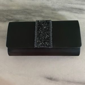 NWOT gray satin beaded dress clutch.